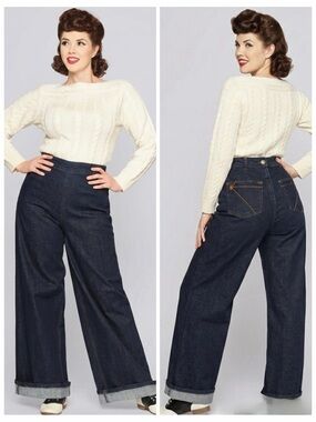 Collectif High Waisted Wide Leg Jeans Dark Indigo Starburst 1940s Workwear US 12